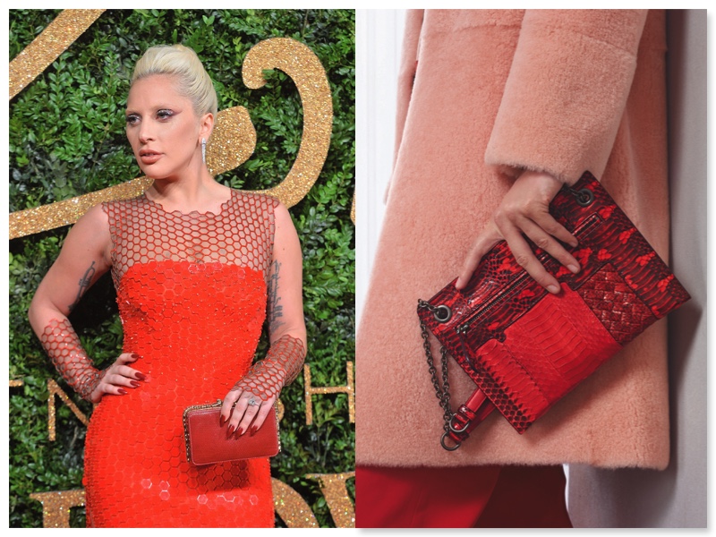 (左)Lady Gaga 手拿Bvlgari紅色手拿包;(右)Bottega Veneta 早春蛇皮鏈帶小包,價格電洽。